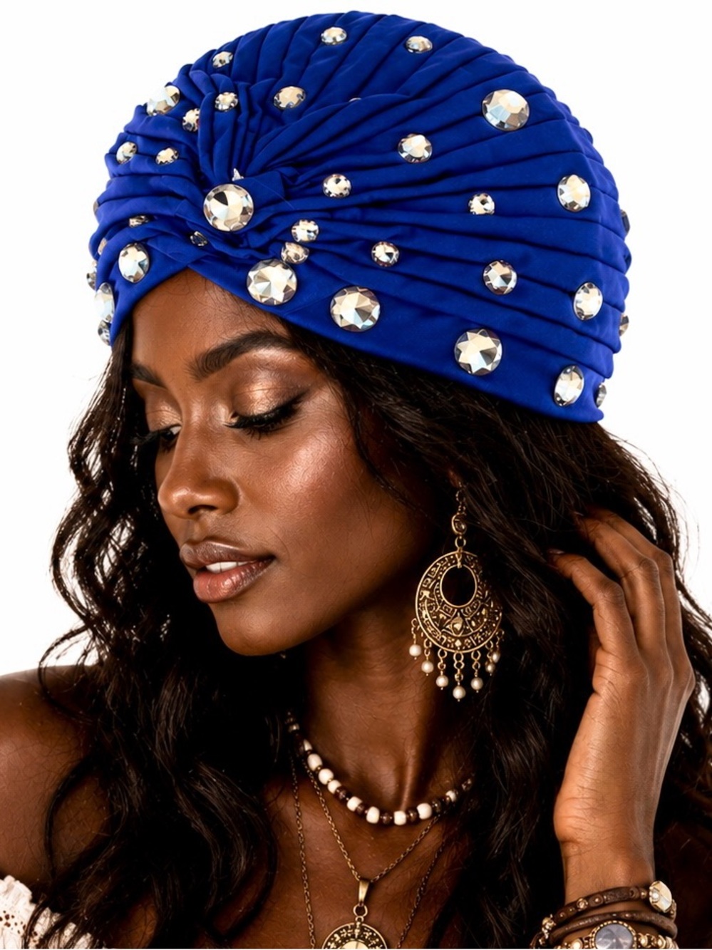 NWT Crystal-Embellished Royal Blue Turban Headwrap H02